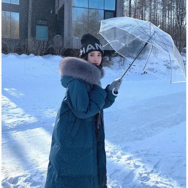 White Duck Down Jacket Women's Mid length Big Fur Collar Loose Thick Blue Plus Fur Collar - Shop at LoveMi