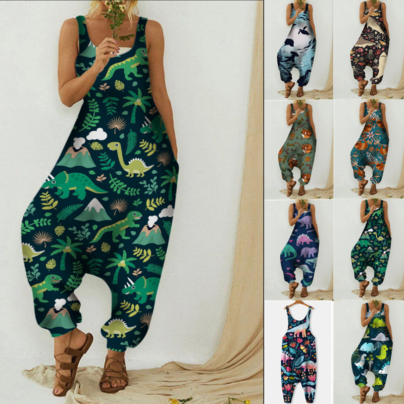 Cute Animal Print Loose Plus Size Casual Beach Overalls
