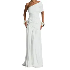Solid Color Pleated Diagonal Collar Split Temperament Girdle Long Dress - White - View 1