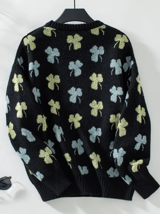 Drizzle Clover Jacquard Pullover Women's Sweater Black - Shop at LoveMi