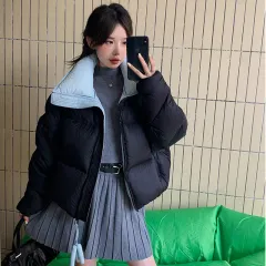 Women's High Collar Warm Cotton-padded Coat With Contrast Color Design - Black - View 1