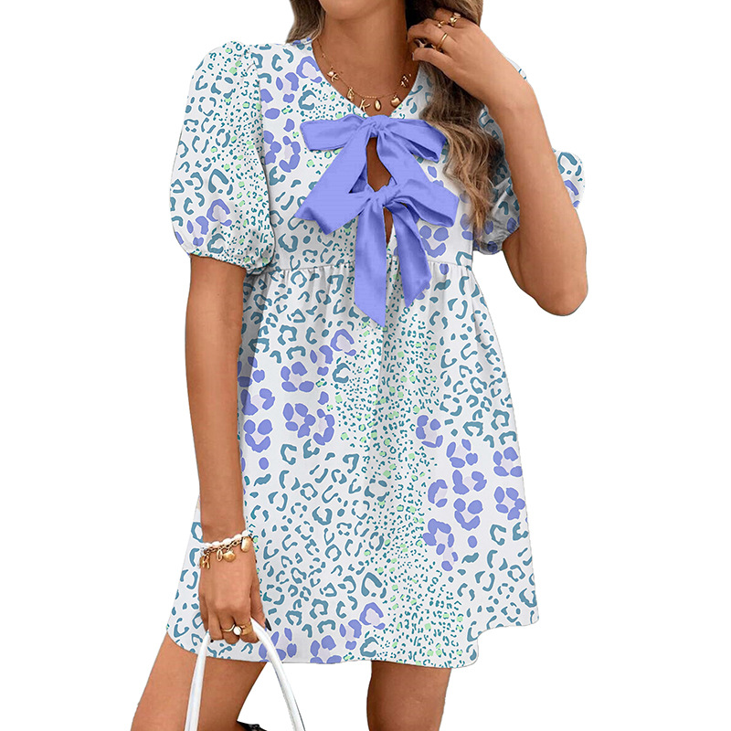 Female Leisure Summer Floral Print Bow Dress Leopard Print - Shop at LoveMi