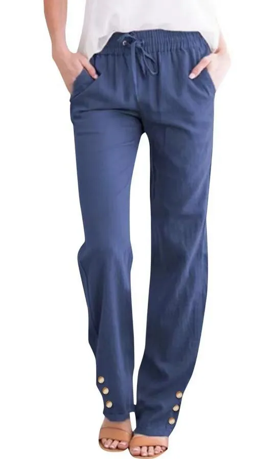 Solid Color Cotton And Linen Loose Drawstring Button Casual Wide leg Trousers Blue - Shop at LoveMi