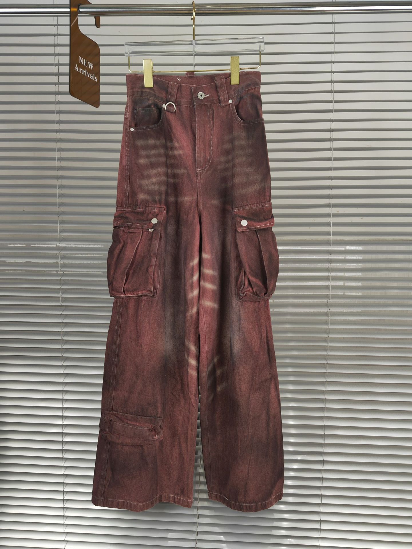 Rust Red Distressed Dirty Big Pocket Denim Wide Leg Pants Picture Color - Shop at LoveMi