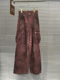 Rust Red Distressed Dirty Big Pocket Denim Wide Leg Pants - View 1