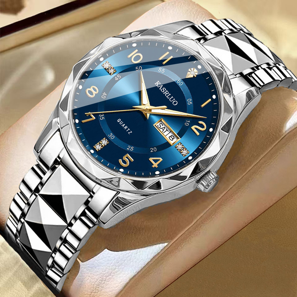 Men's Dual Calendar Fashion Waterproof Luminous Quartz Watch Silver Blue
