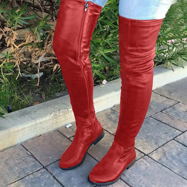 Round Head Low Square Heel Over The Knee Boots Red - Shop at LoveMi