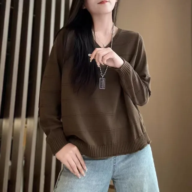Artistic All match V neck Pullover Sweater Brown - Shop at LoveMi