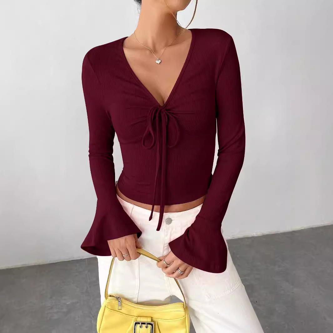 Womens Autumn City-style Blouse With A Notched Collar And Self-tie Cuffs
