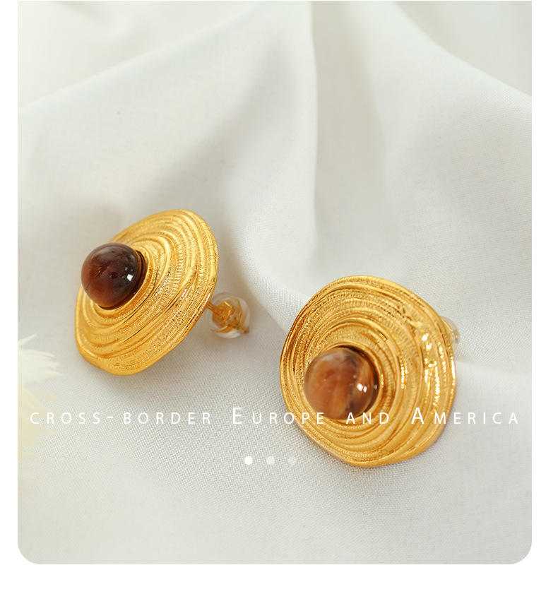 European And American High-grade Light Luxury Retro Style Inlaid Tigereye Gold Earrings