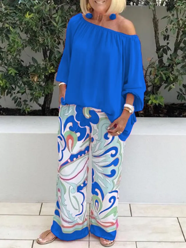 Women's Clothing Printed Pants Off shoulder Top Casual Suit Dark Blue - Shop at LoveMi