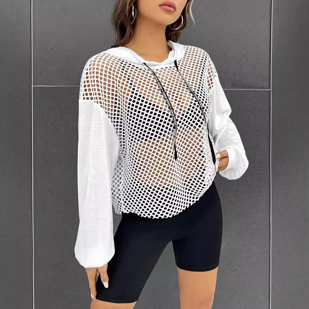Mesh-Panel Casual Loose-Fit Sports Hoodie For Women