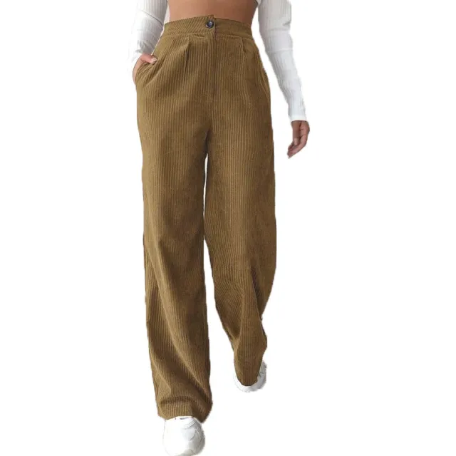 Women's High Waist Casual Pants Solid Color Corduroy Baggy Straight Trousers Brown - Shop at LoveMi