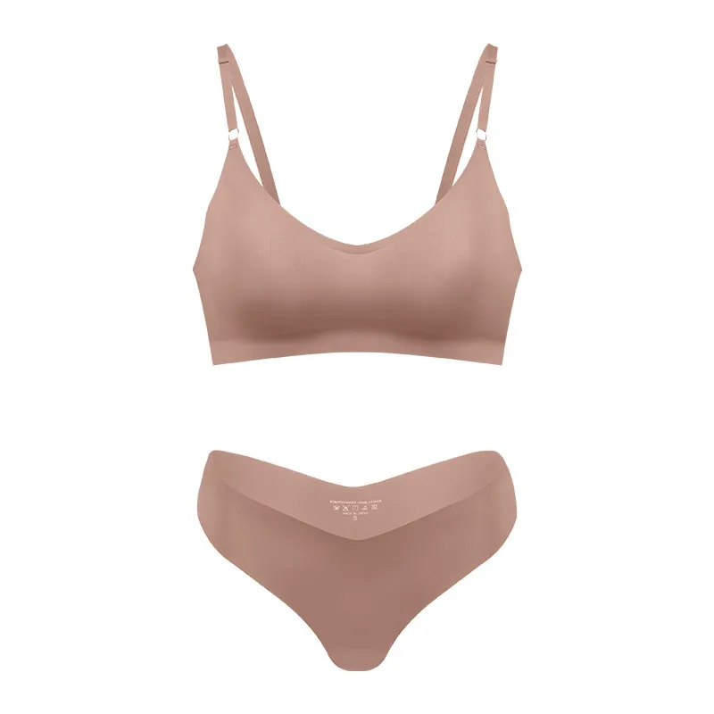 Women's V-neck Breathable Underwear Bra Panties Set - Apricot