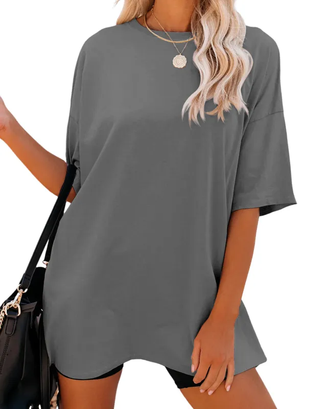 Solid Color Loose Women's T shirt Fashion Round Neck Plus Size Short Sleeve Dark Gray - Shop at LoveMi