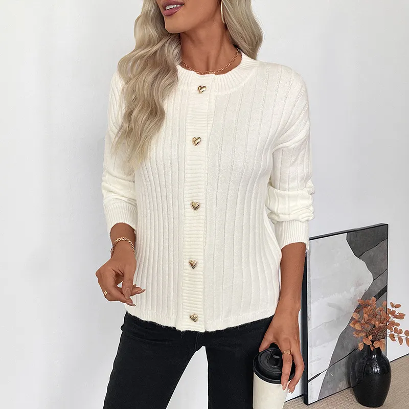 Metal Heart Button Solid Color Sweater Coat Cardigan - Beige