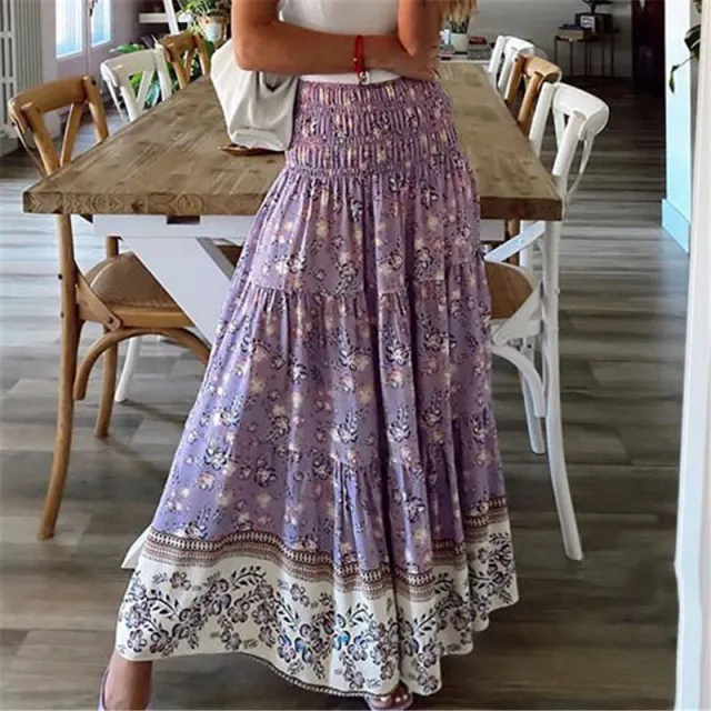 Women's Clothing Printed Skirt Casual High Waist Long Skirt Purple - Shop at LoveMi