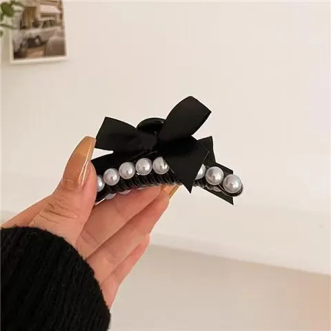 Korean Style Pearl Bow Barrettes Women's Side Bang Clip Pearl Grip Black - Shop at LoveMi