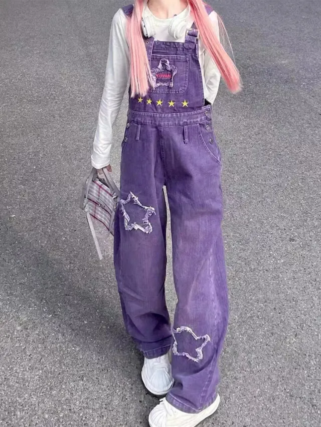 Purple Denim Suspender Pants Women's Retro High Waist Purple - Shop at LoveMi