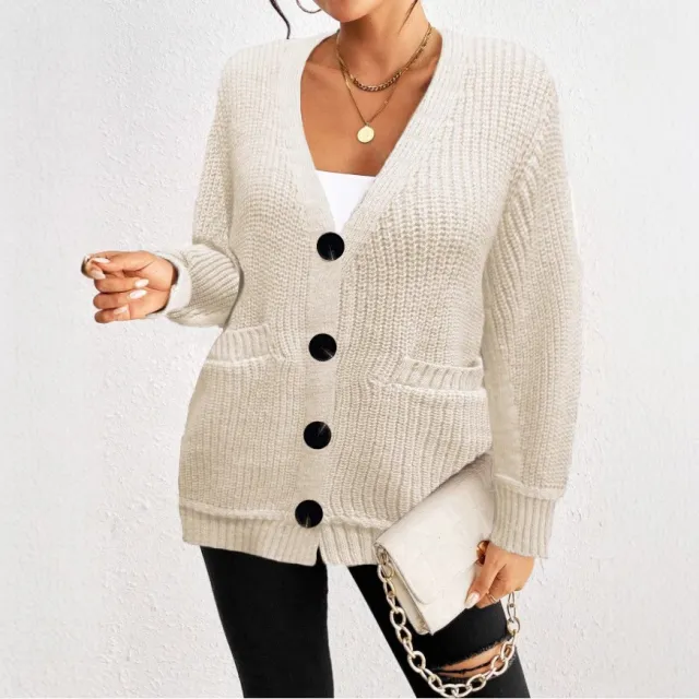 Fashion Loose Pockets Button Women's Cardigan Sweater Beige - Shop at LoveMi