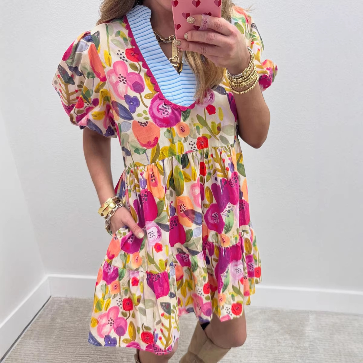 Versatile Floral Print Striped Trim Dress For Women