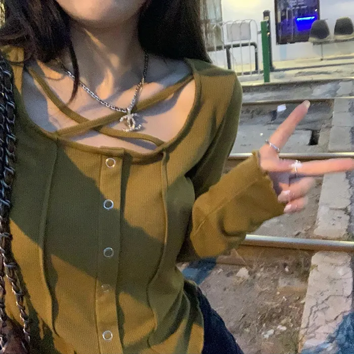 Slim Fit Slimming Sense Of Design Niche Cross Long Sleeves Round Neck Bottoming Shirt Top - Green