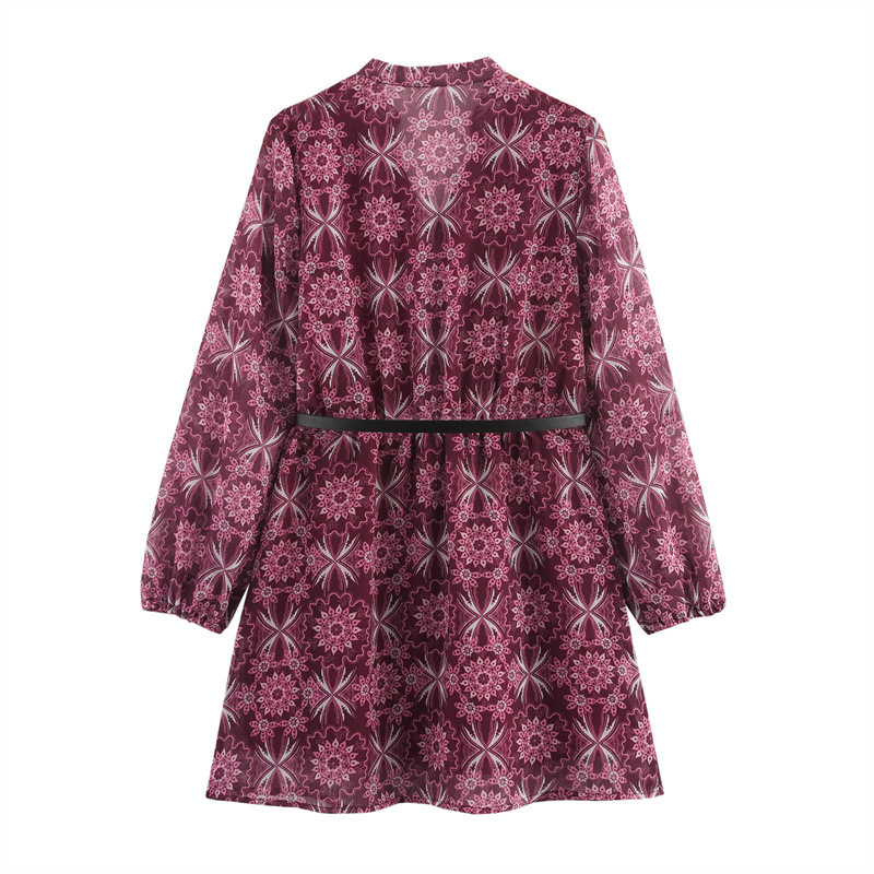 Printed V-neck Single-breasted Long Sleeve With Belt Dress