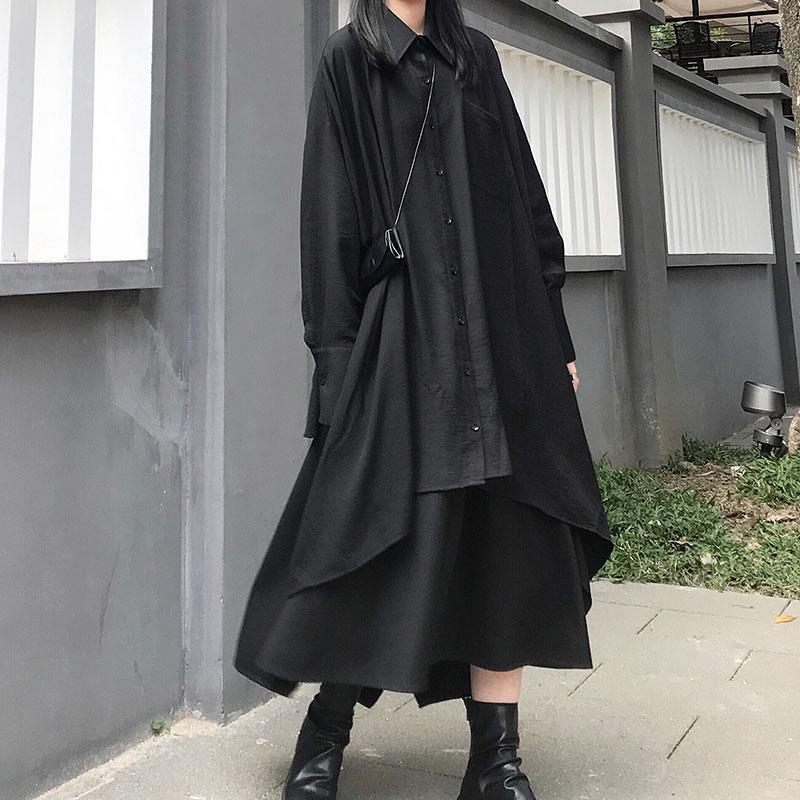Long-sleeve Mid-length Shirt With An Asymmetrical Black Skirt