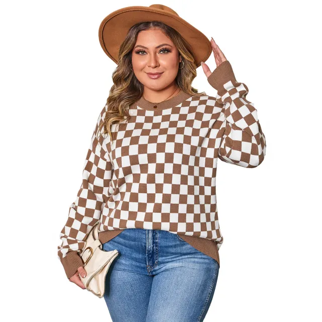 Women's Large Size Plaid Contrast Color Sweater Brown Print - Shop at LoveMi