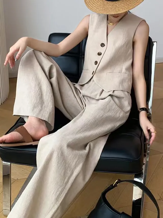Fashion Casual Two piece Suit Women's Summer Sleeveless Vest Top Suit Wide Leg Pants Beige - Shop at LoveMi