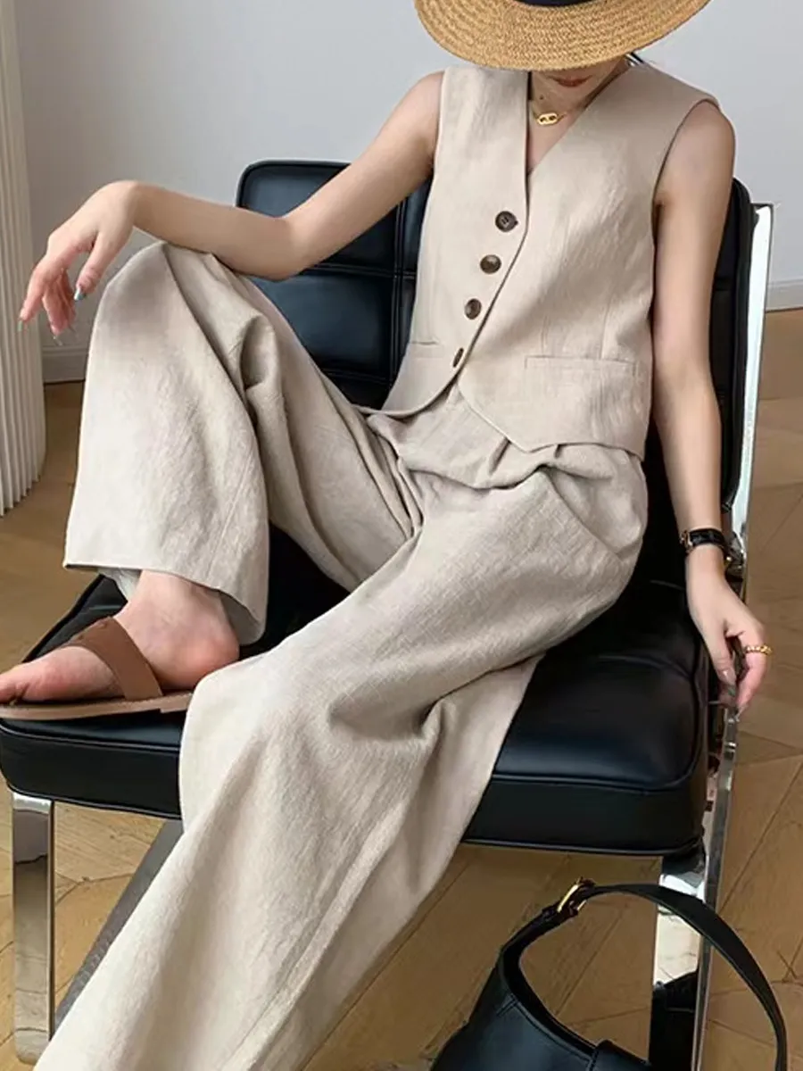 Fashion Casual Two-piece Suit Women's Summer Sleeveless Vest Top Suit Wide Leg Pants - Beige