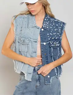 Splicing Beads Loose Women's Short Denim Vest - Denim Blue - View 1