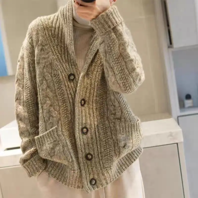 Mens Chunky-knit Thickened Sweater Cardigan Coat