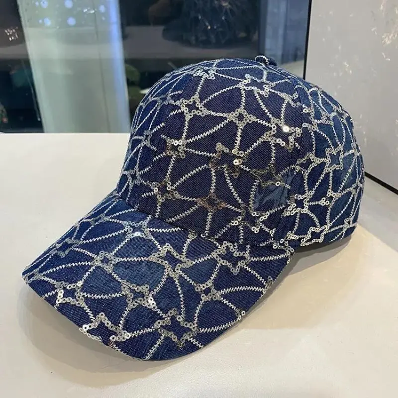 Korean Style Sequined Denim Fashion Baseball Cap - Dark Blue
