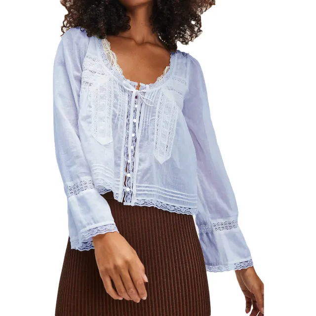 Lace U shaped Lace Collar Long Sleeve Light Shirt Purple - Shop at LoveMi