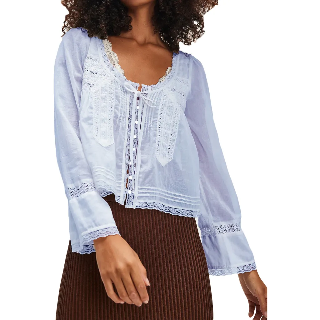 Lace U-shaped Lace Collar Long Sleeve Light Shirt - Purple