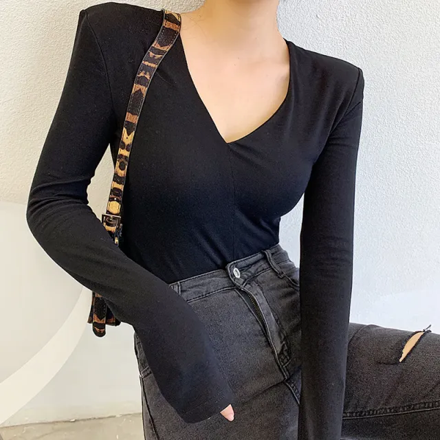 Women's Long sleeved Bottoming Shirt V neck Top Black - Shop at LoveMi