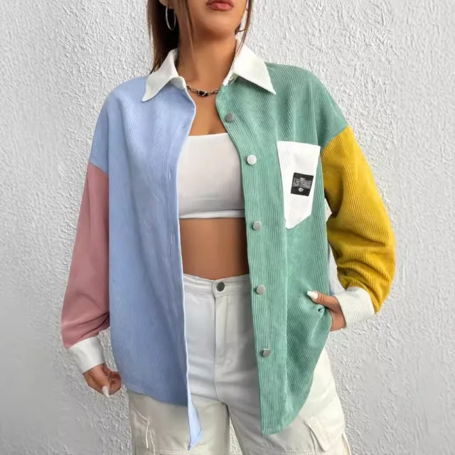 Corduroy Color Contrast Patchwork Loose Thin Versatile Casual Coat Cardigan Shirt Contrast Color L - Shop at LoveMi