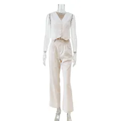 Solid Colour Vest High Waist Trousers Two-piece Set - Apricot - View 1