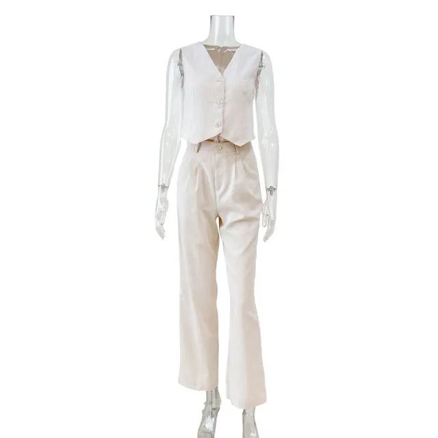 Solid Color Vest High Waist Trousers Two piece Set Apricot - Shop at LoveMi