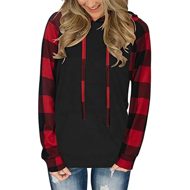 Women's Long sleeved Color Matching Casual Plaid Hooded T shirt Red - Shop at LoveMi