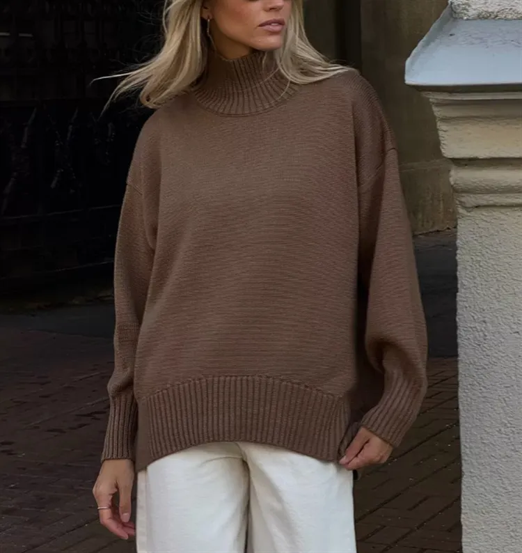 Simple And Casual Solid-colour Pullover Knit Sweater - Brown