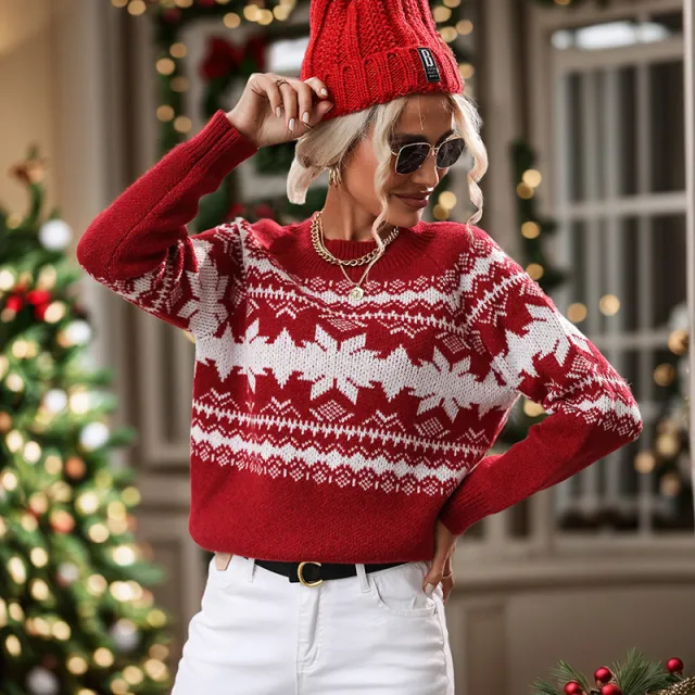Trendy Round Neck Red Knitted Christmas Snowflake Sweater Wine Red - Shop at LoveMi