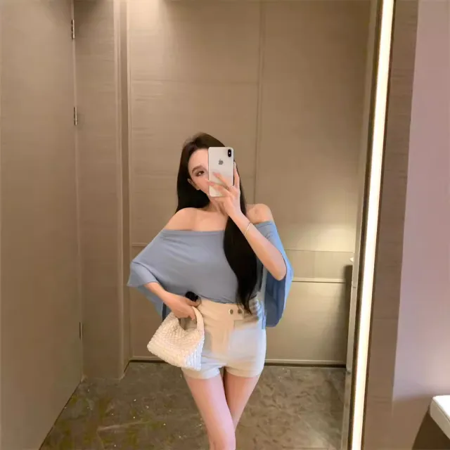 Off neck Blue T shirt Women's Summer Tight Waist Slimming And Shoulder Hollow Top Blue - Shop at LoveMi