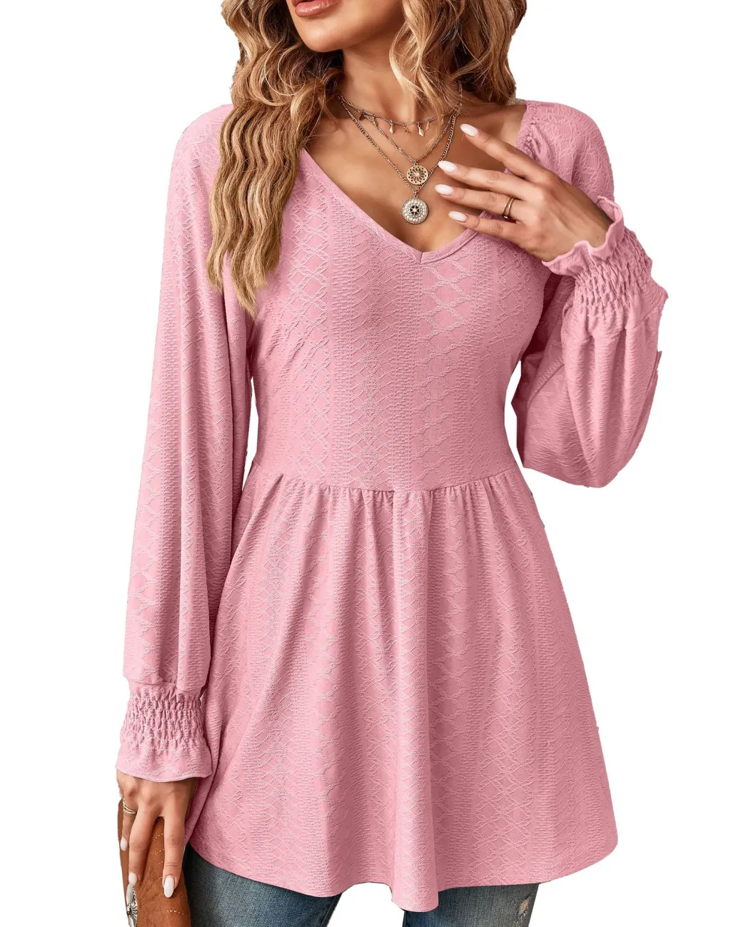 Women's Fashionable Simple V-neck Jacquard Stitching Solid Color T-shirt Long Sleeve Top - Pink