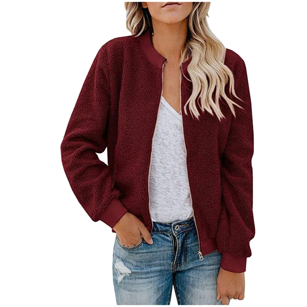 Cashmere Zipper Jacket Coat Top Women - Wine Red