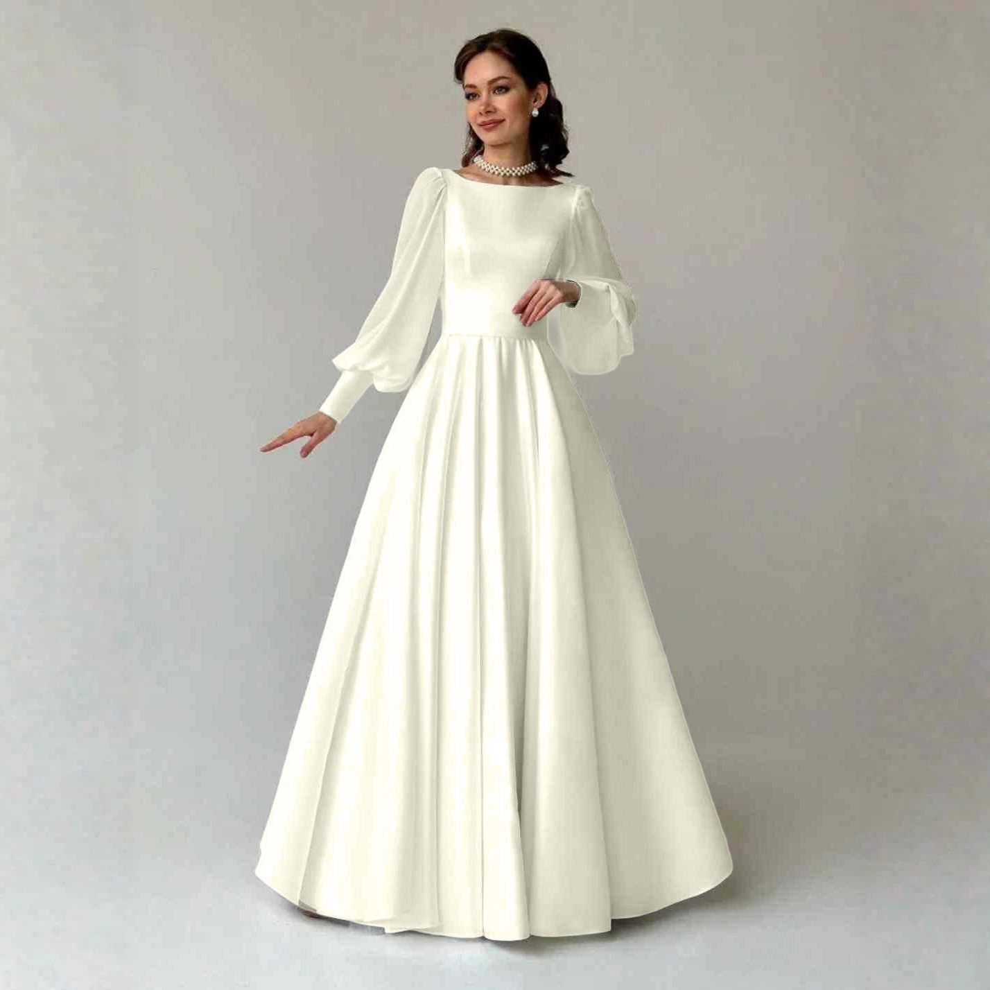 Color: Ivory White, Size: US8 - European And American Minimalist Long-sleeved Waist-cinched A-line Wedding Gown