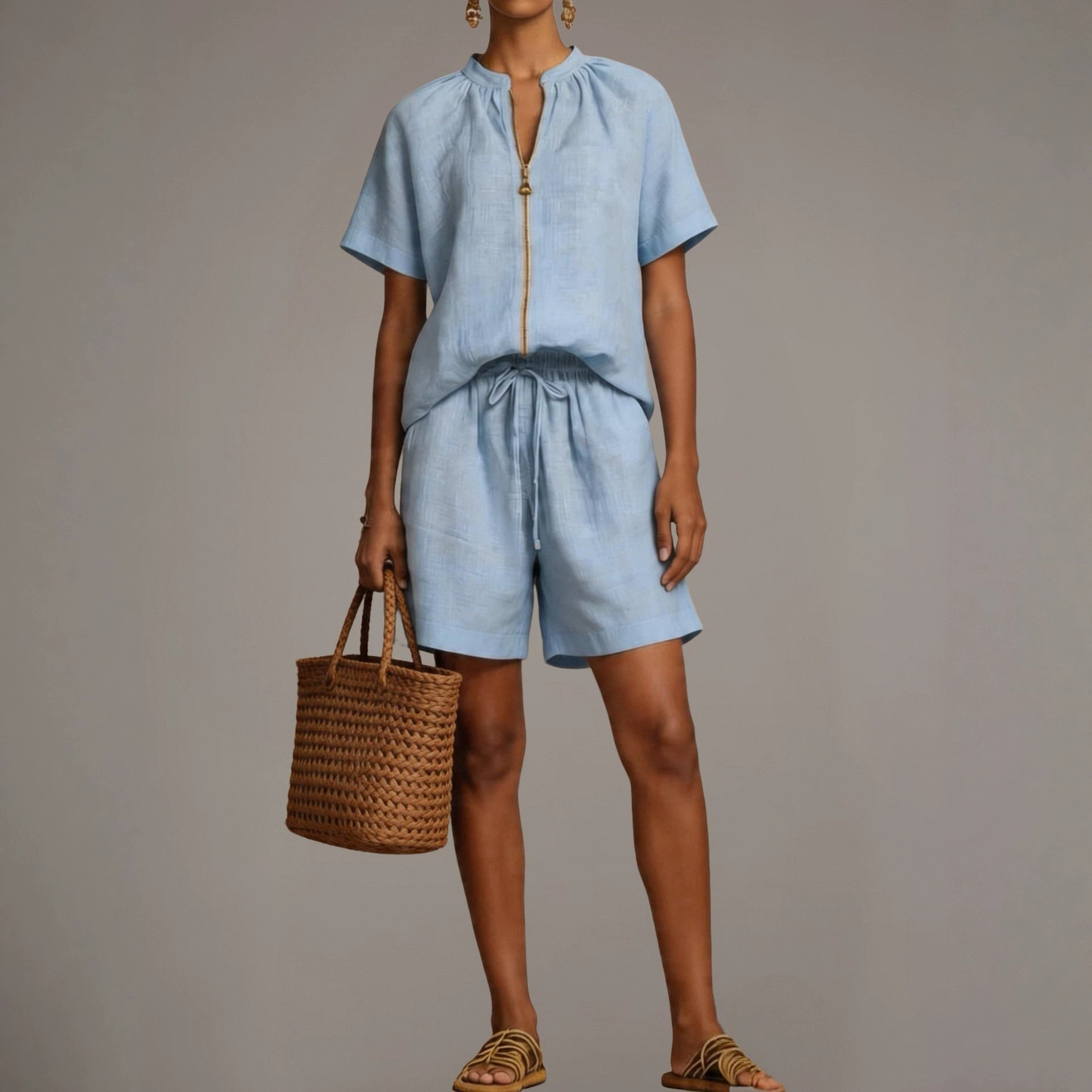 Solid Cotton-Linen Short-Sleeve Shorts Set