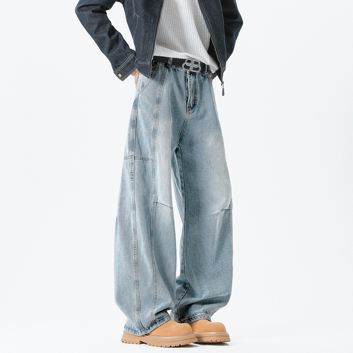 Retro Pleated Washed Denim Jeans Mens Straight-Leg Loose-Fit