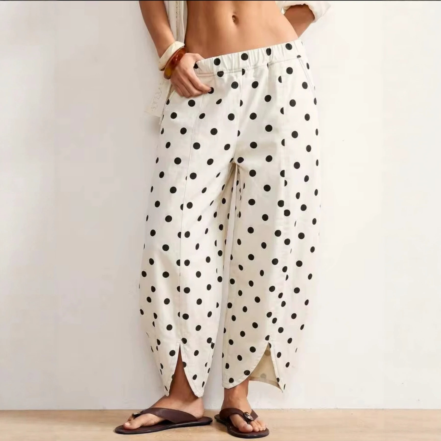 Korean-style Versatile Elastic-waist Wide-leg Pants With Round Polka Dots